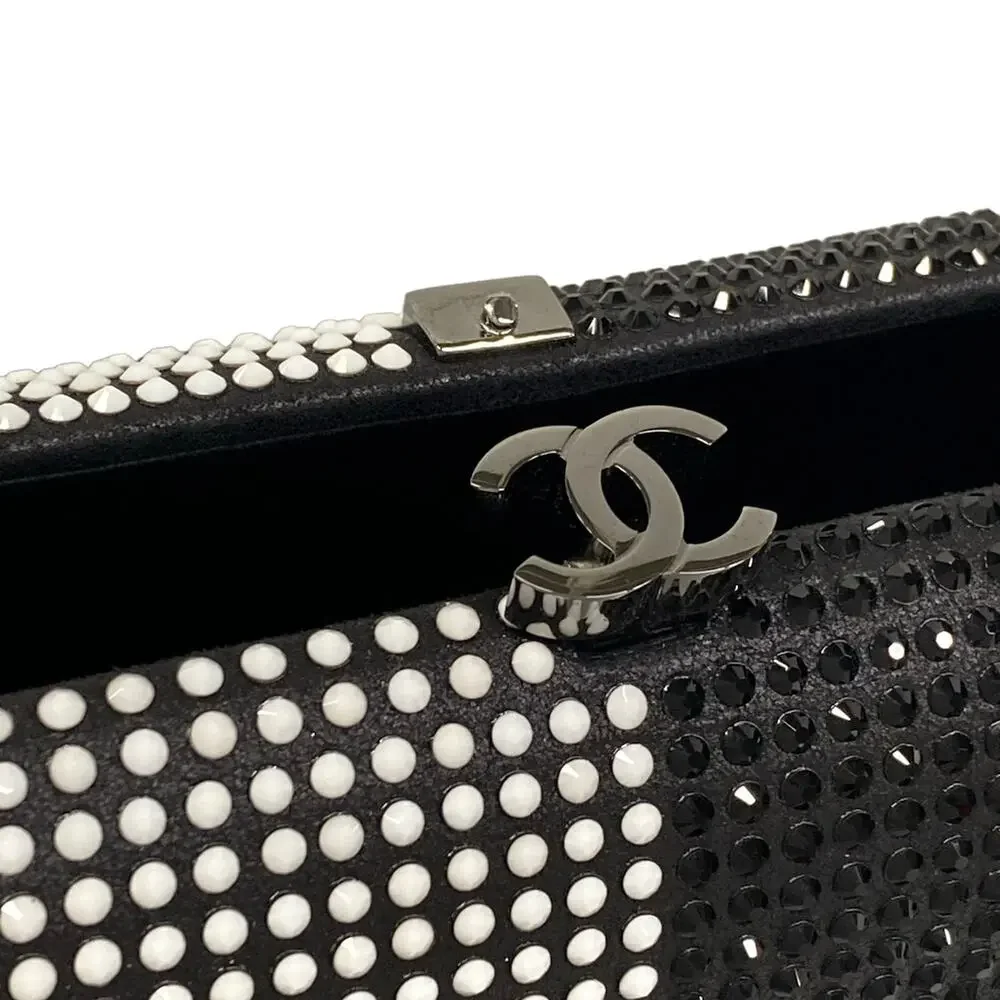 Chanel Shoulder Bag Black White Leather Rhinestones